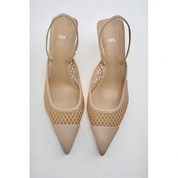 Zara NWT Mesh net detail pointed toe sling back heels size 40 - Picture 8 of 12